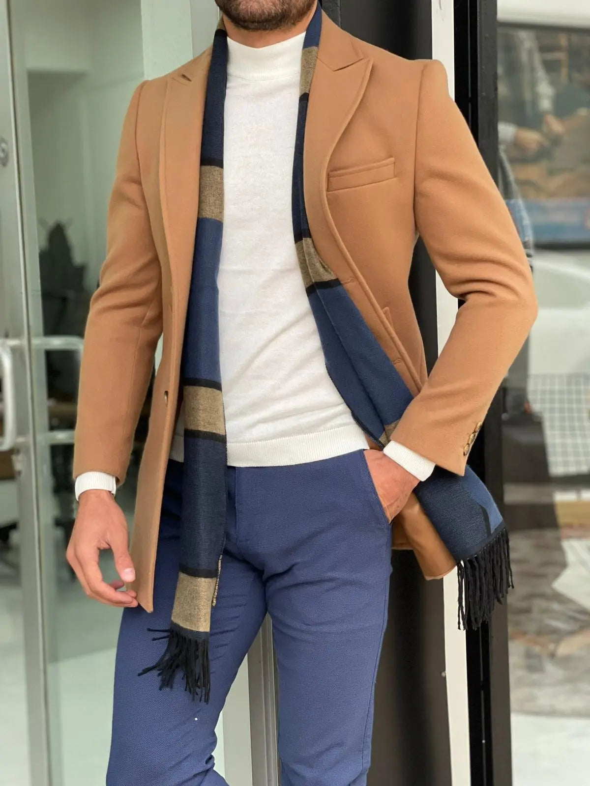 Viena Camel Slim Fit Wool Long Coat - BRABION