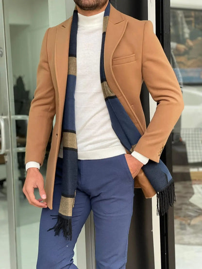 Viena Camel Slim Fit Wool Long Coat - BRABION
