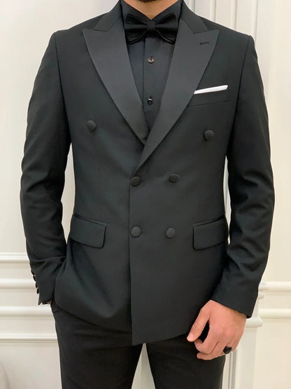 Forte Black Slim Fit Double Breasted Peak Lapel Tuxedo - BRABION