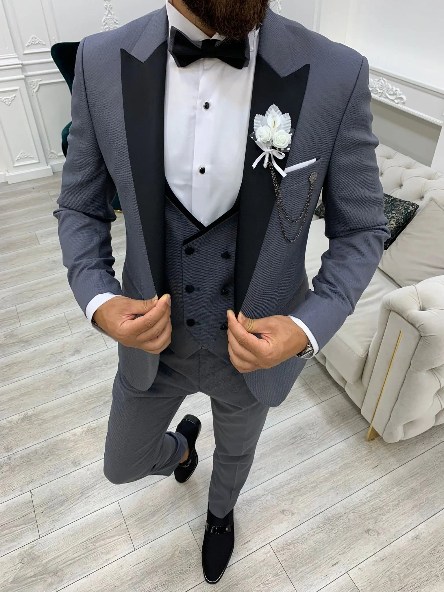 Infinite Gray Slim Fit Peak Lapel Tuxedo - BRABION