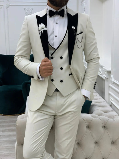 Acacia White Slim Fit Velvet Peak Lapel Tuxedo - Elevate Your Formal Wardrobe - BRABION