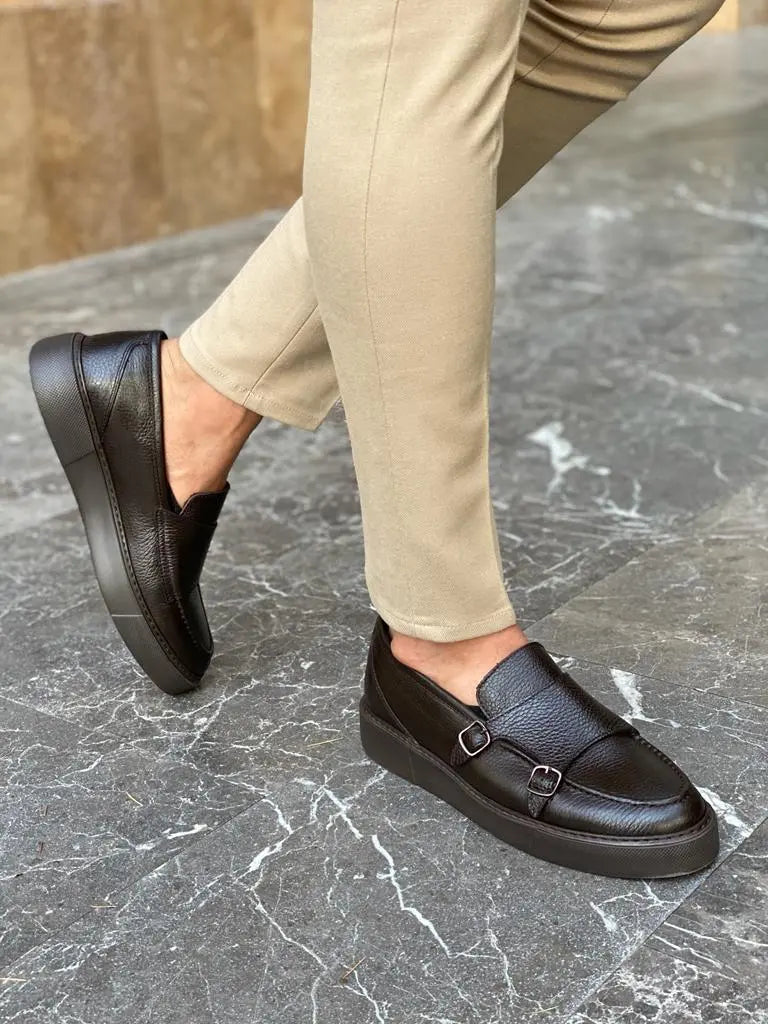 Remy Brown Double Monk Strap Loafers - Elegant Leather Footwear for Men - BRABION
