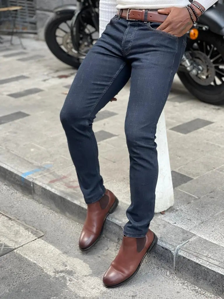 Lazio Dark Blue Slim Fit Striped Pants - BRABION