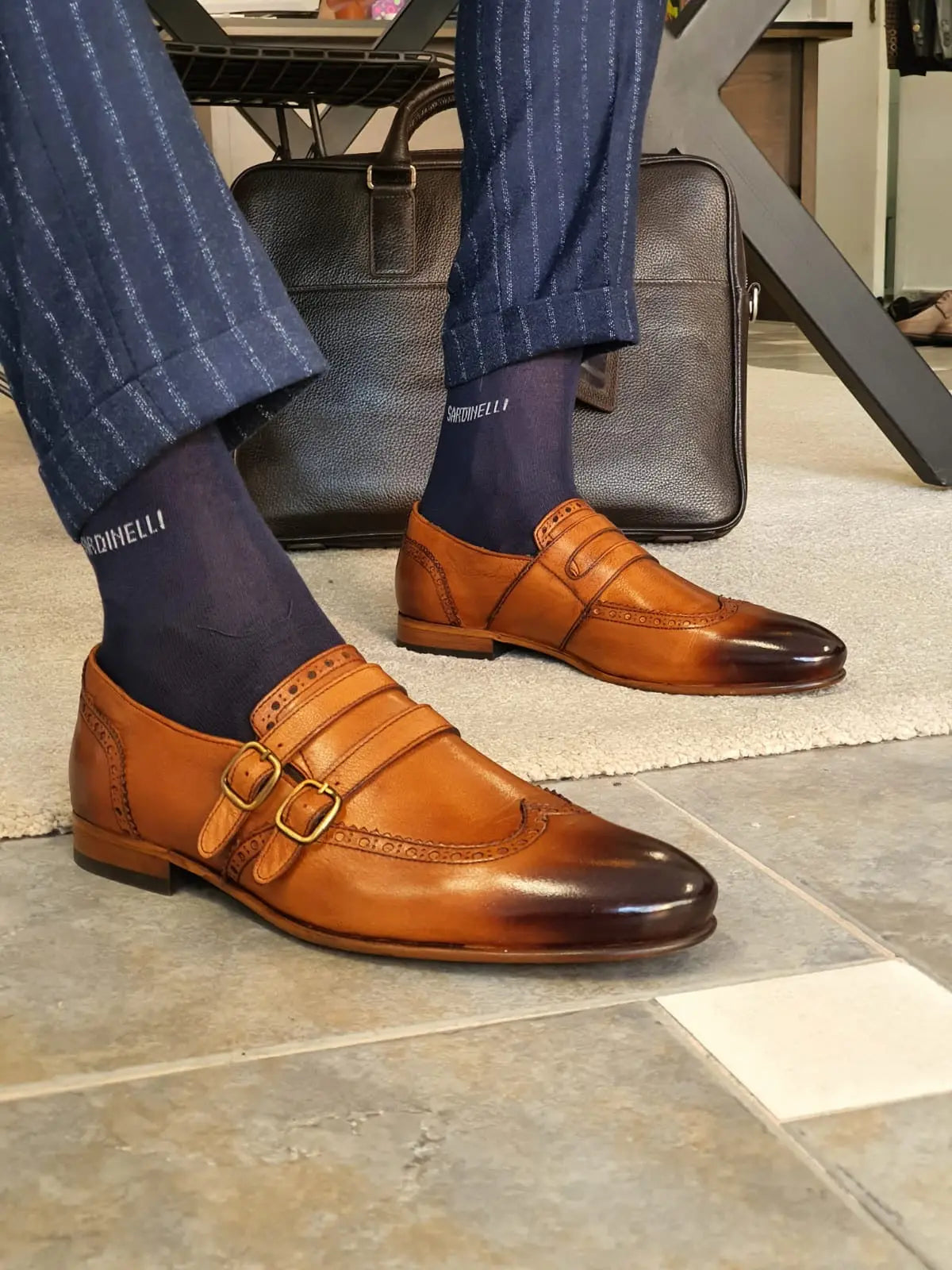 Stefano Tan Buckle Wingtip Loafers - Sophisticated Leather Footwear - BRABION