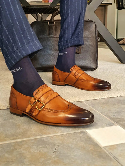 Stefano Tan Buckle Wingtip Loafers - Sophisticated Leather Footwear - BRABION