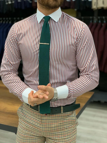 Jake Claret Red Striped Slim Fit Shirt - BRABION