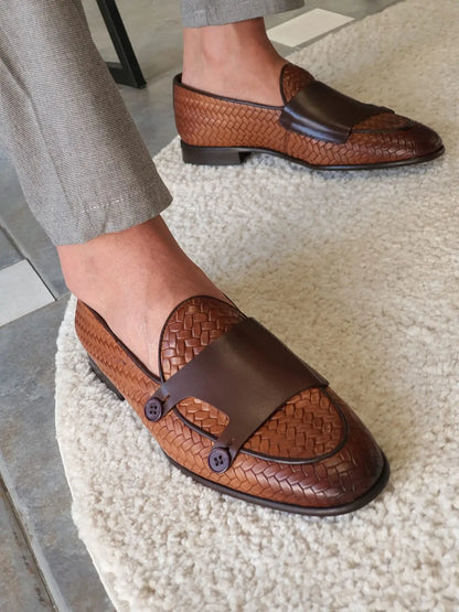 Bristol Tan Woven Leather Double Monk Strap Loafers - BRABION