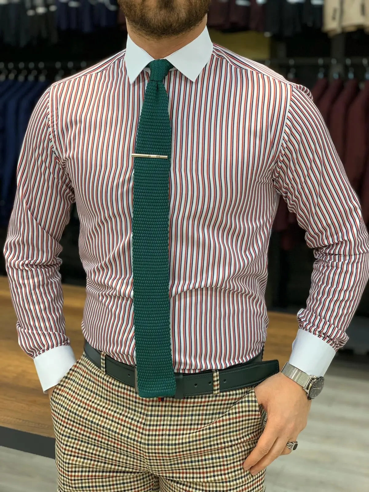 Jake Claret Red Striped Slim Fit Shirt - BRABION