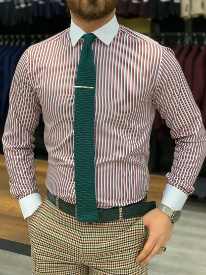 Jake Claret Red Striped Slim Fit Shirt - BRABION