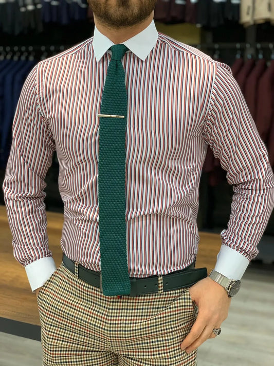 Jake Claret Red Striped Slim Fit Shirt - BRABION