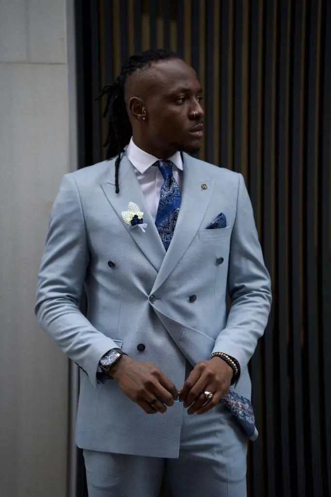 Sorento Sky Blue Slim Fit Double Breasted Linen Suit brabion