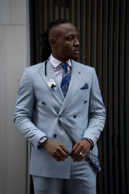 Sorento Sky Blue Slim Fit Double Breasted Linen Suit brabion