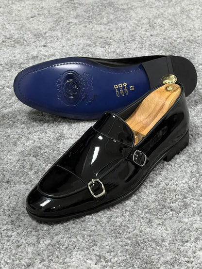 Lenzi Special Edition Neolite Sole Double Monk Shiney Leather Black Shoes - BRABION