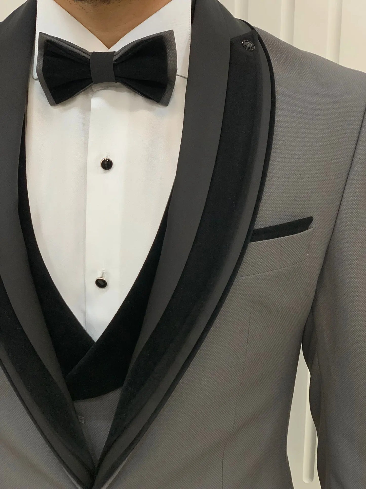 Eden Gray Slim Fit Velvet Satin Shawl Lapel Tuxedo - BRABION