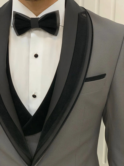 Eden Gray Slim Fit Velvet Satin Shawl Lapel Tuxedo - BRABION