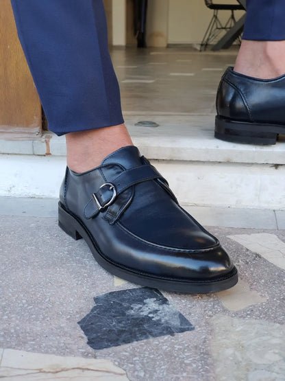 Stefano Navy Blue Buckle Loafers: Elegance Redefined - BRABION