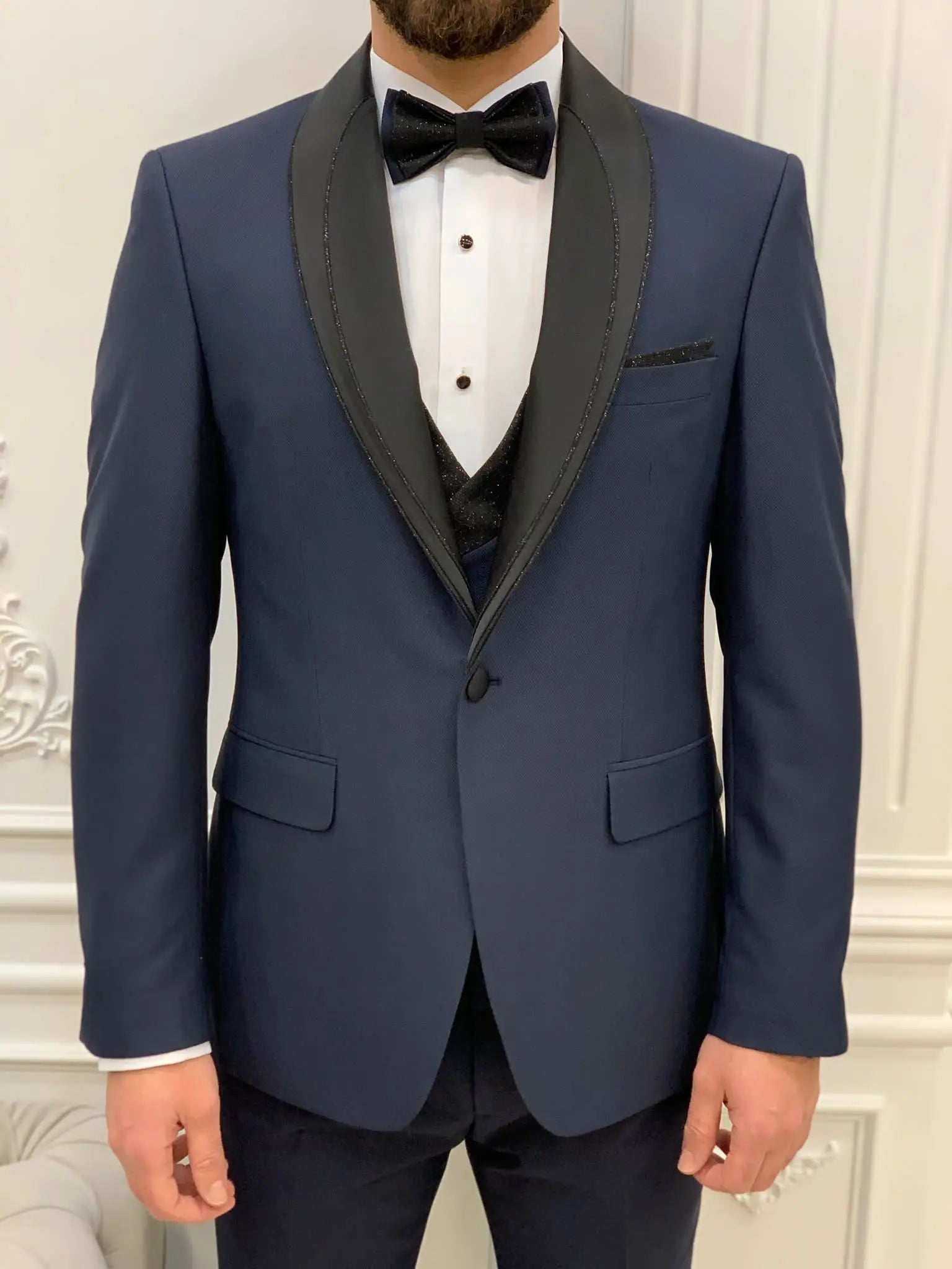 Eden Navy Blue Slim Fit Glitter Shawl Lapel Tuxedo - BRABION