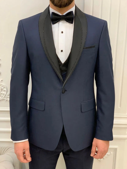 Eden Navy Blue Slim Fit Glitter Shawl Lapel Tuxedo - BRABION