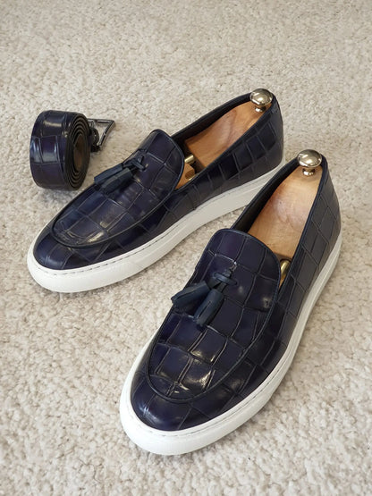 Berton Navy Blue Tassel Loafers: Sophisticated Elegance - BRABION