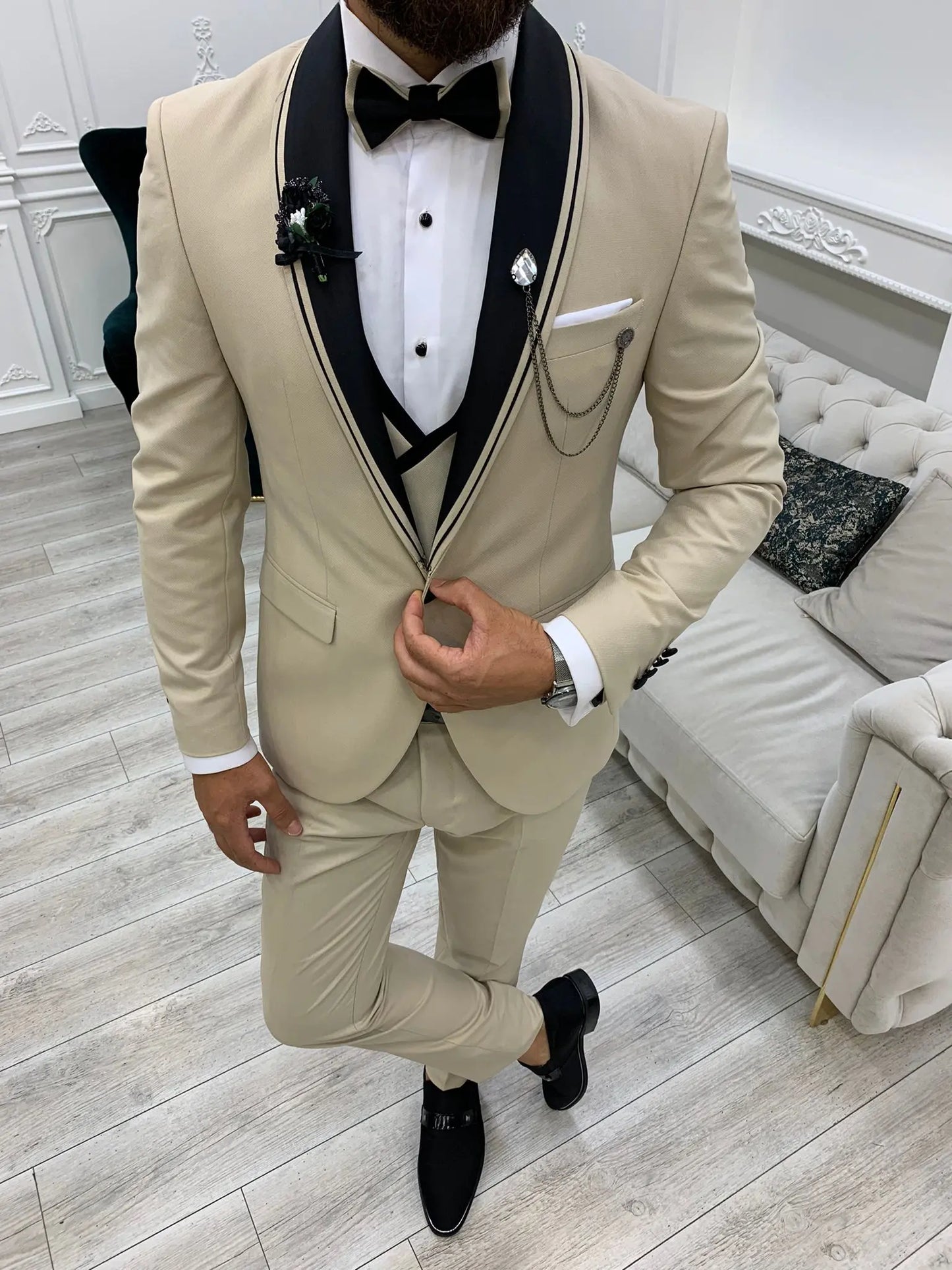 Infinite Beige Slim Fit Shawl Lapel Tuxedo - BRABION