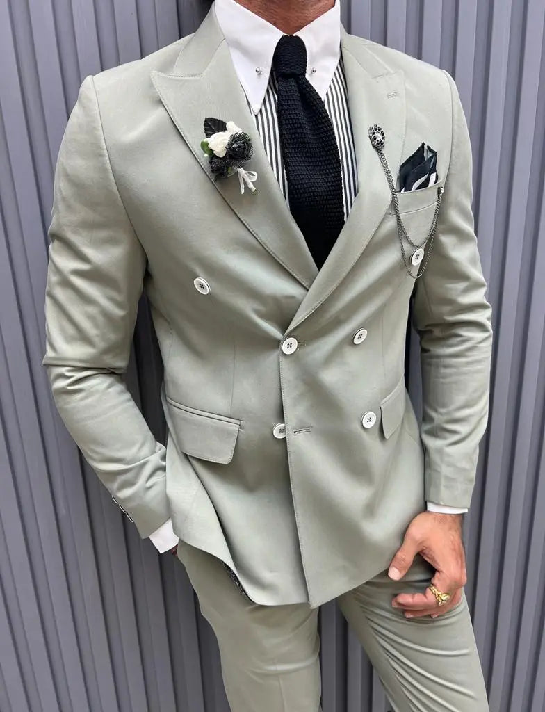 Sorento Mint Slim Fit Pinstripe Double Breasted Cotton Suit brabion