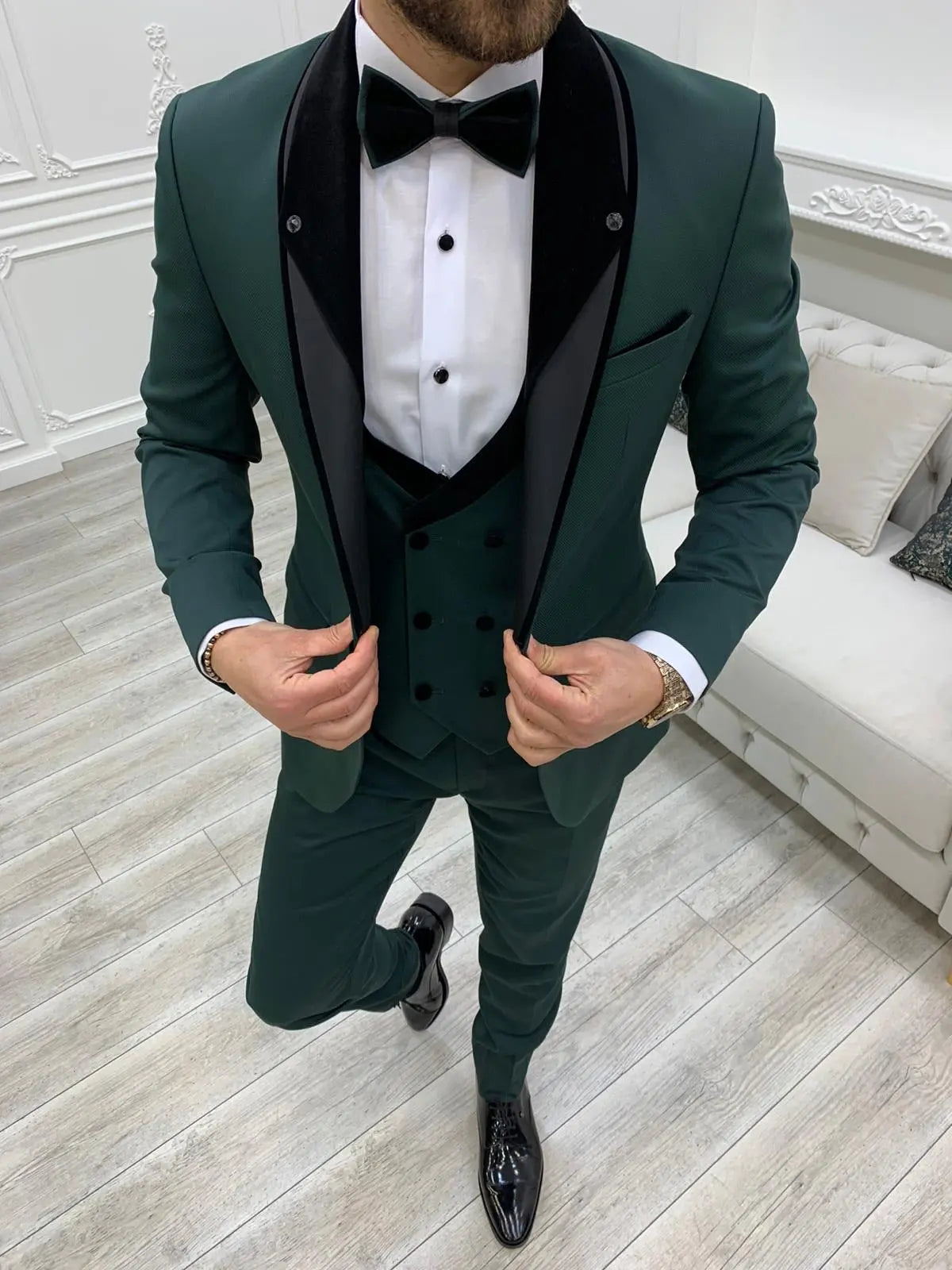 Bergamo Green Slim Fit Velvet Peak Lapel Tuxedo - BRABION
