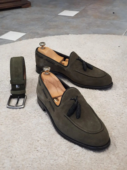 Bristol Khaki Suede Tassel Loafers - BRABION