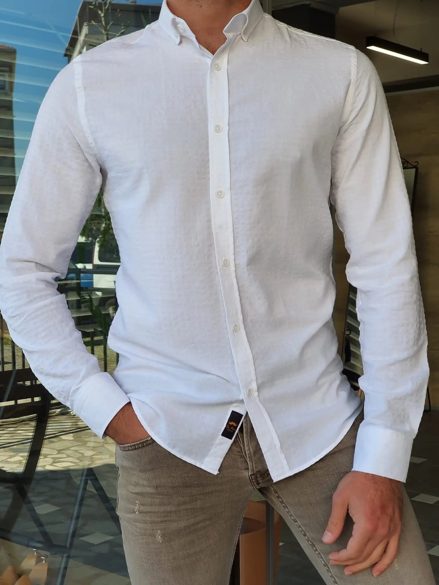 Brabion Aron White Slim Fit Long Sleeve Cotton Shirt - BRABION