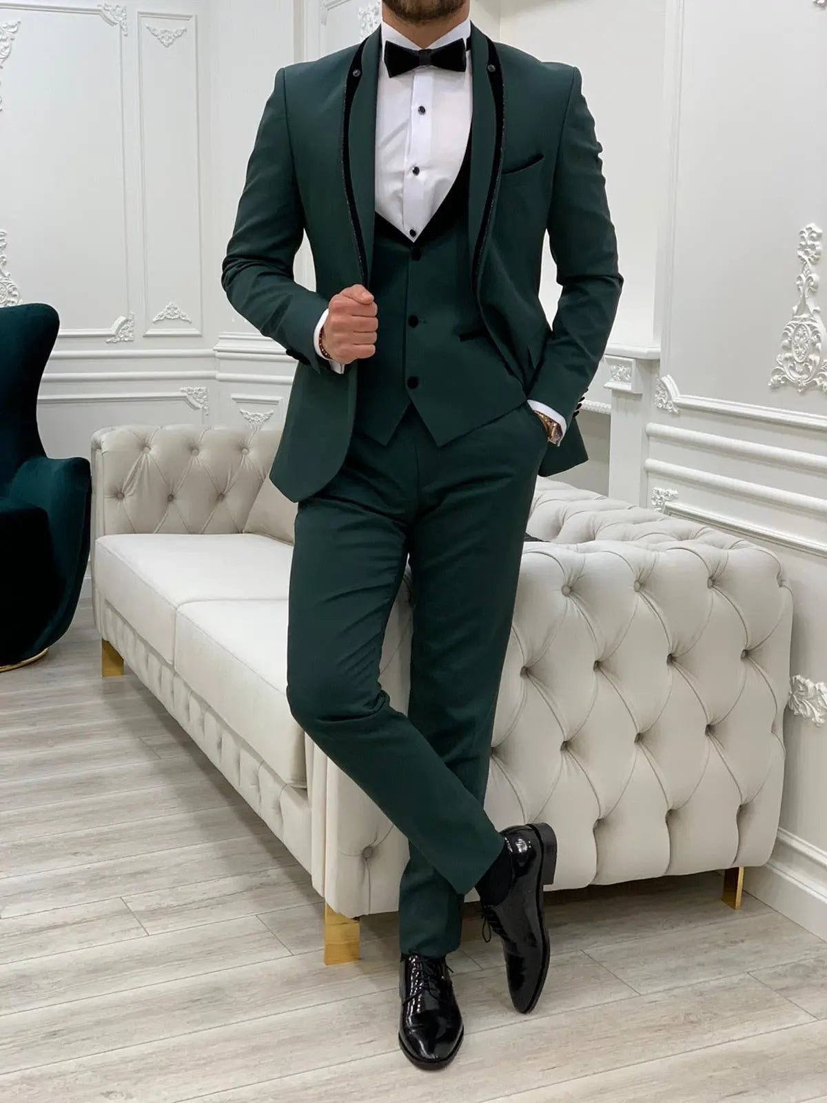Infinite Green Slim Fit Velvet Peak Lapel Tuxedo - BRABION