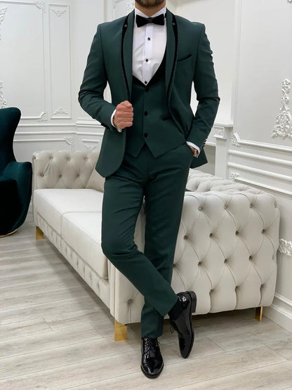 Infinite Green Slim Fit Velvet Peak Lapel Tuxedo - BRABION