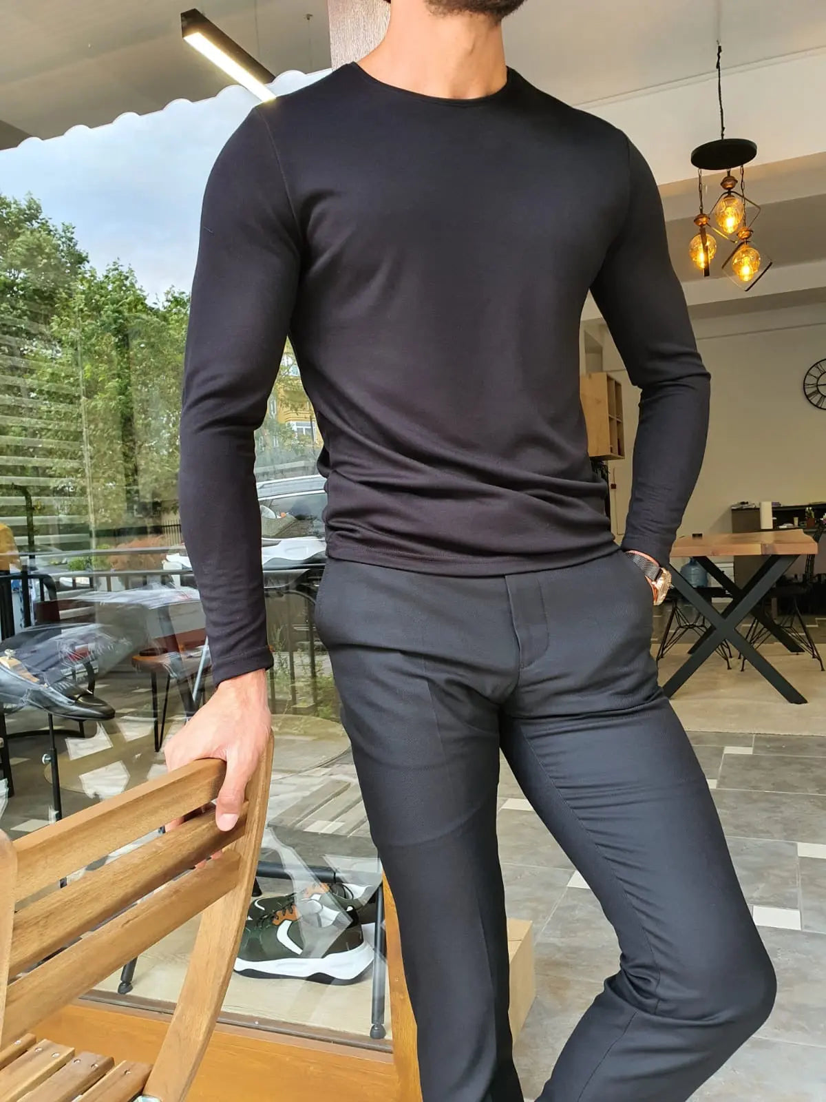Stefano Black Slim Fit Round Neck Sweater - BRABION