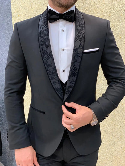 Genova Black Slim Fit Shawl Lapel Tuxedo for Men - BRABION
