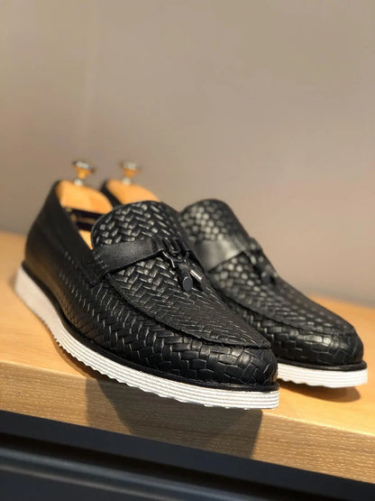 Odessa Black Woven Leather Tassel Loafer - BRABION