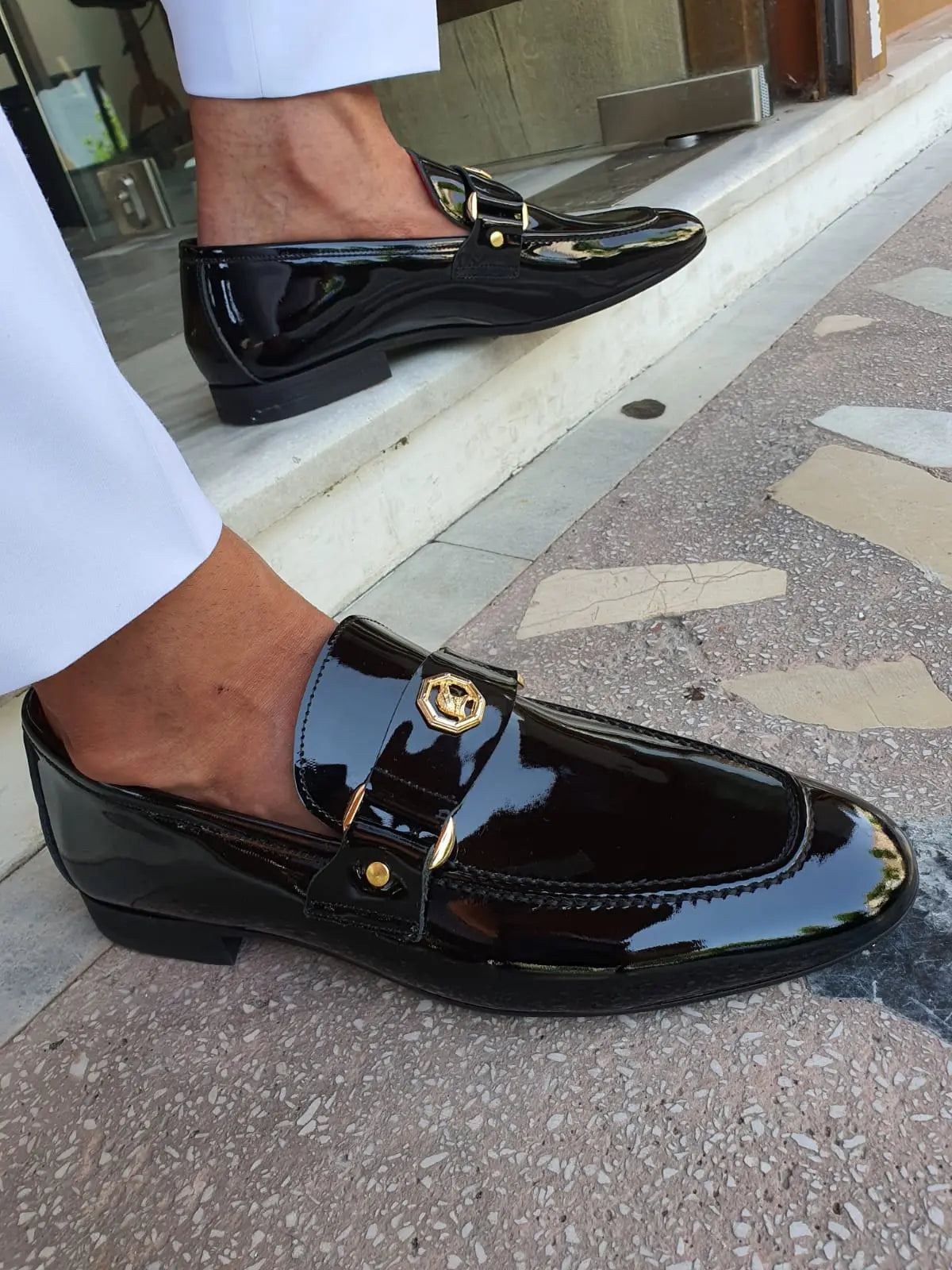 Berton Black Patent Leather Penny Loafers for Men - BRABION