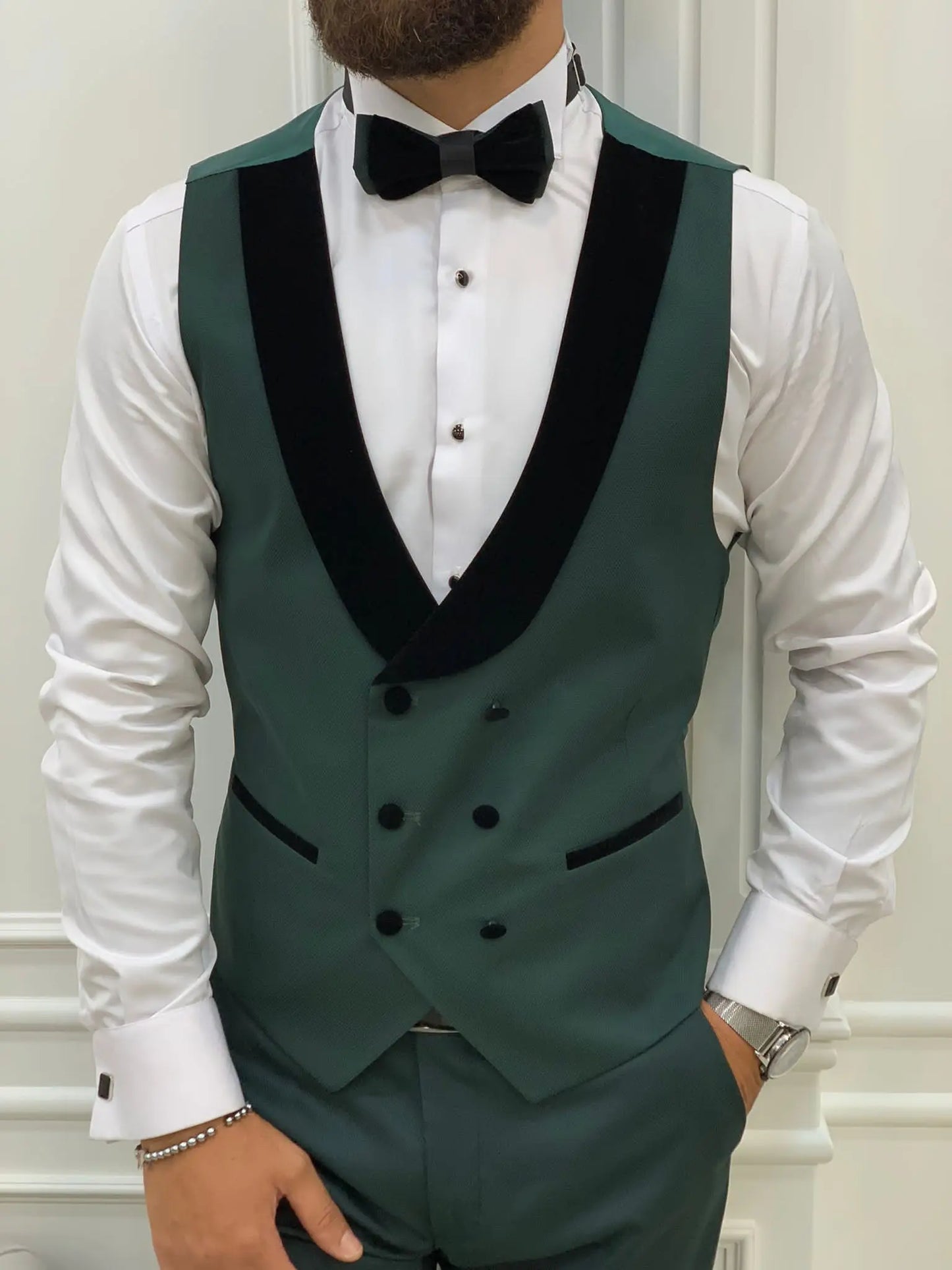Infinite Green Slim Fit Velvet Peak Lapel Tuxedo - BRABION