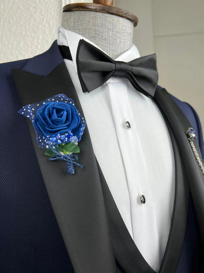 Bensen Slim Fit Patterned Navy Blue Dovetail Collared Tuxedo - BRABION