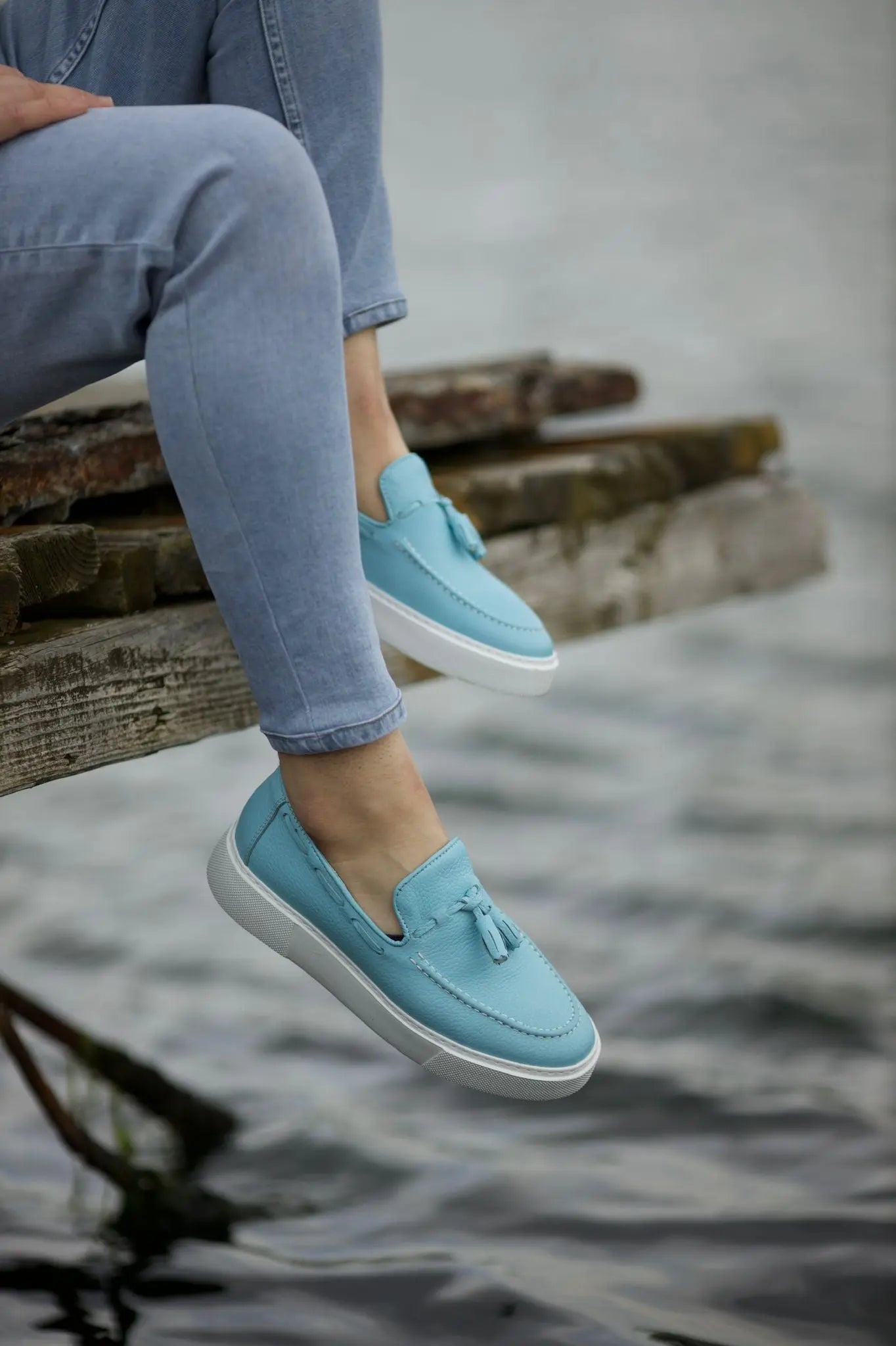 Prince Tassel Detail Leather Blue Shoes - BRABION