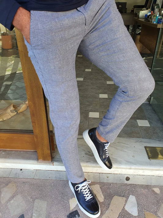 Montreal Navy Blue Slim Fit Plaid Cotton Pants - BRABION