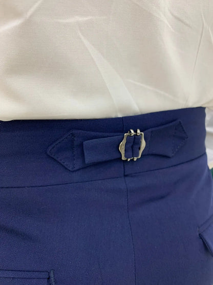 Navy Blue Buckled Canvas Trousers - BRABION