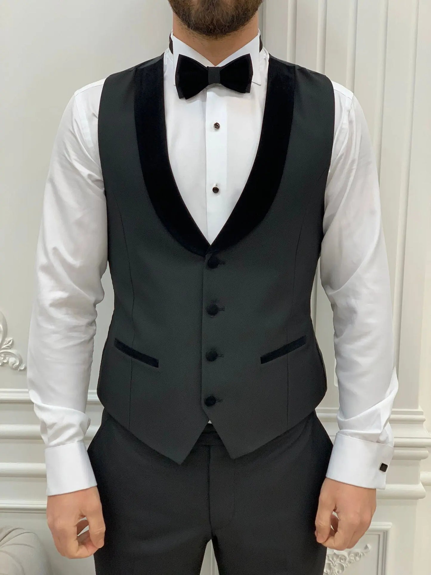 Glendale Black Slim Fit Velvet Satin Shawl Lapel Tuxedo - BRABION