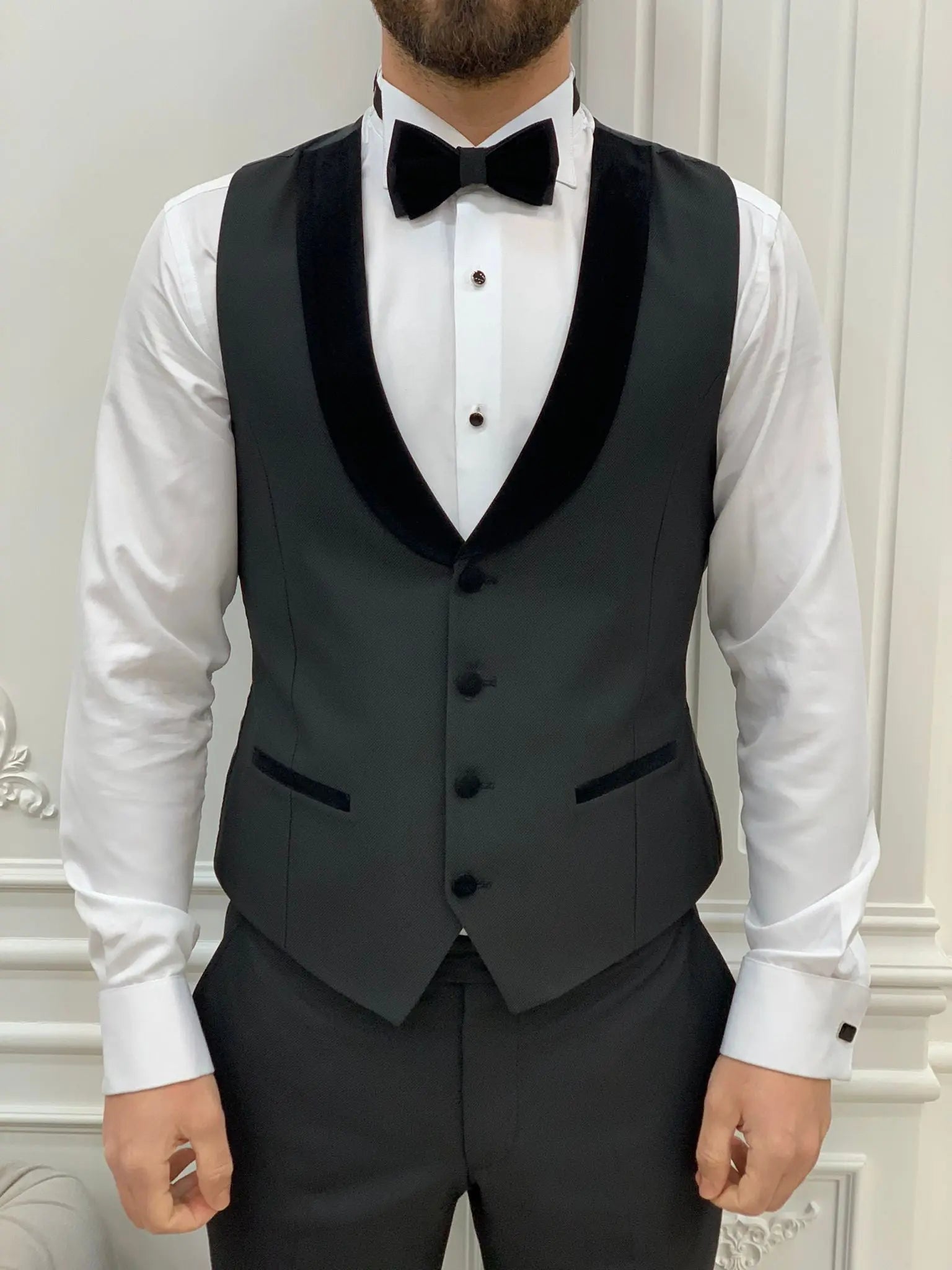 Glendale Black Slim Fit Velvet Satin Shawl Lapel Tuxedo - BRABION