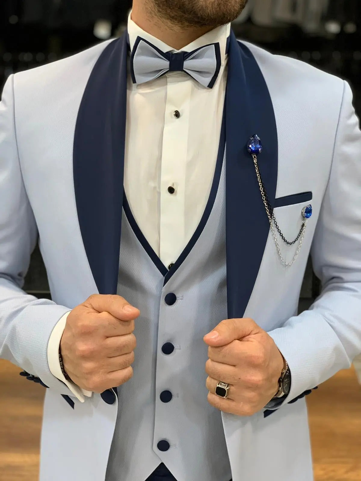 Wilson Sky Blue Slim Fit Shawl Lapel Tuxedo - BRABION