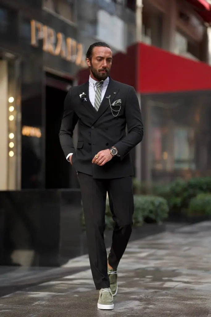Sorento Black Slim Fit Double Breasted Pinstripe Suit brabion