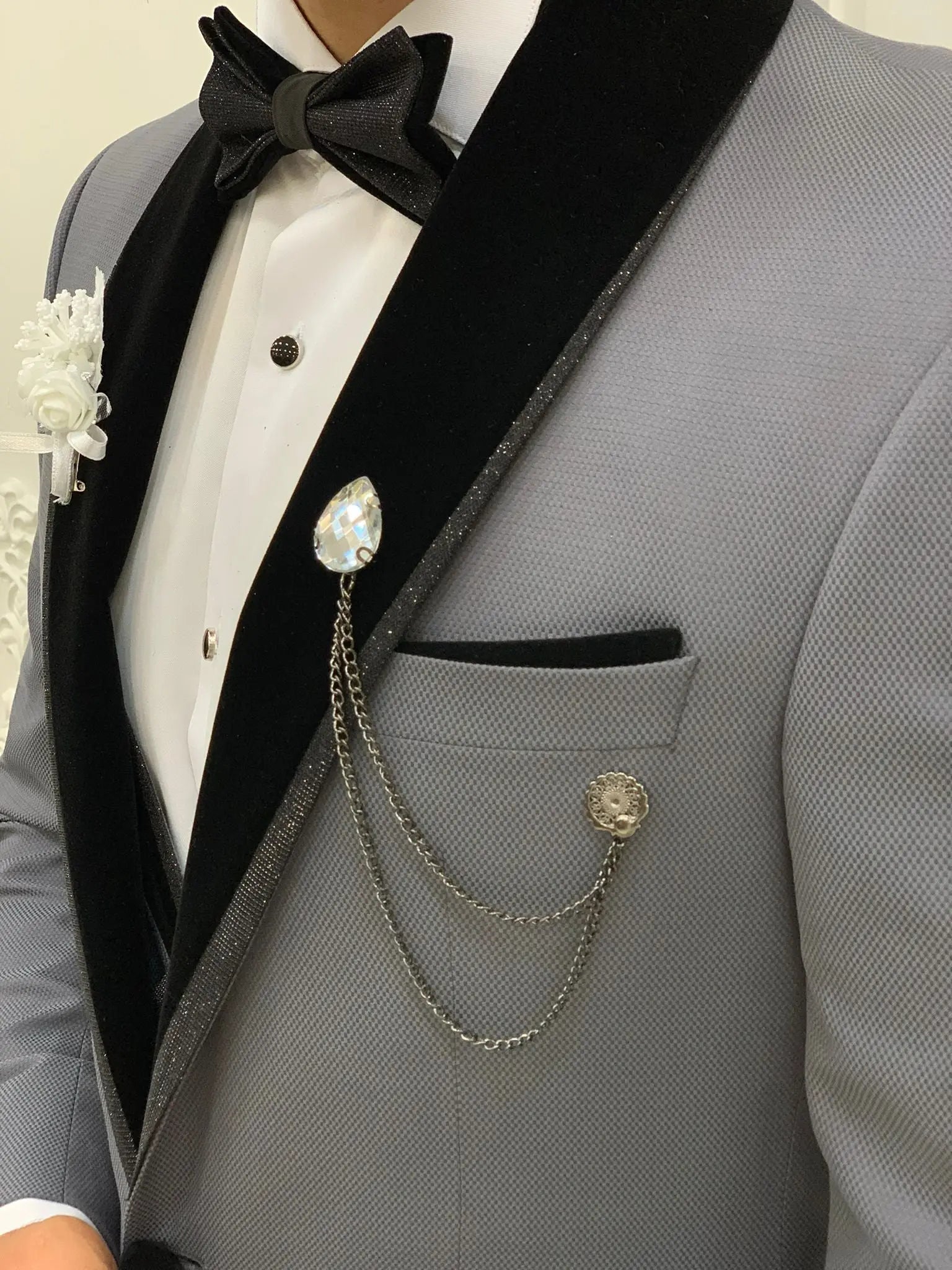 Acacia Gray Slim Fit Velvet Shawl Lapel Tuxedo - BRABION