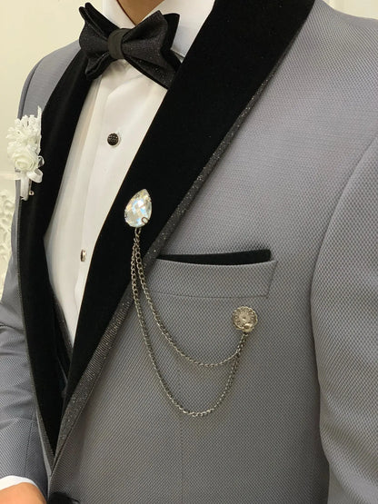 Acacia Gray Slim Fit Velvet Shawl Lapel Tuxedo - BRABION