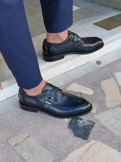 Stefano Navy Blue Buckle Loafers: Elegance Redefined - BRABION