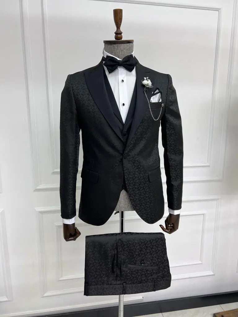 Sorento Black Slim Fit Floral Peak Lapel Tuxedo - Premium Formalwear for Men - BRABION