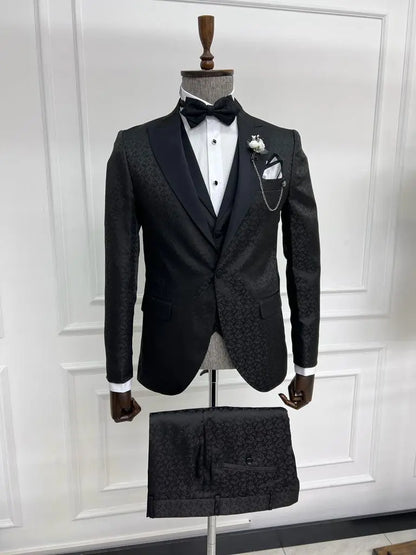 Sorento Black Slim Fit Floral Peak Lapel Tuxedo - Premium Formalwear for Men - BRABION