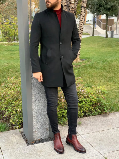 Kenzie Black Slim Fit Wool Long Coat - BRABION