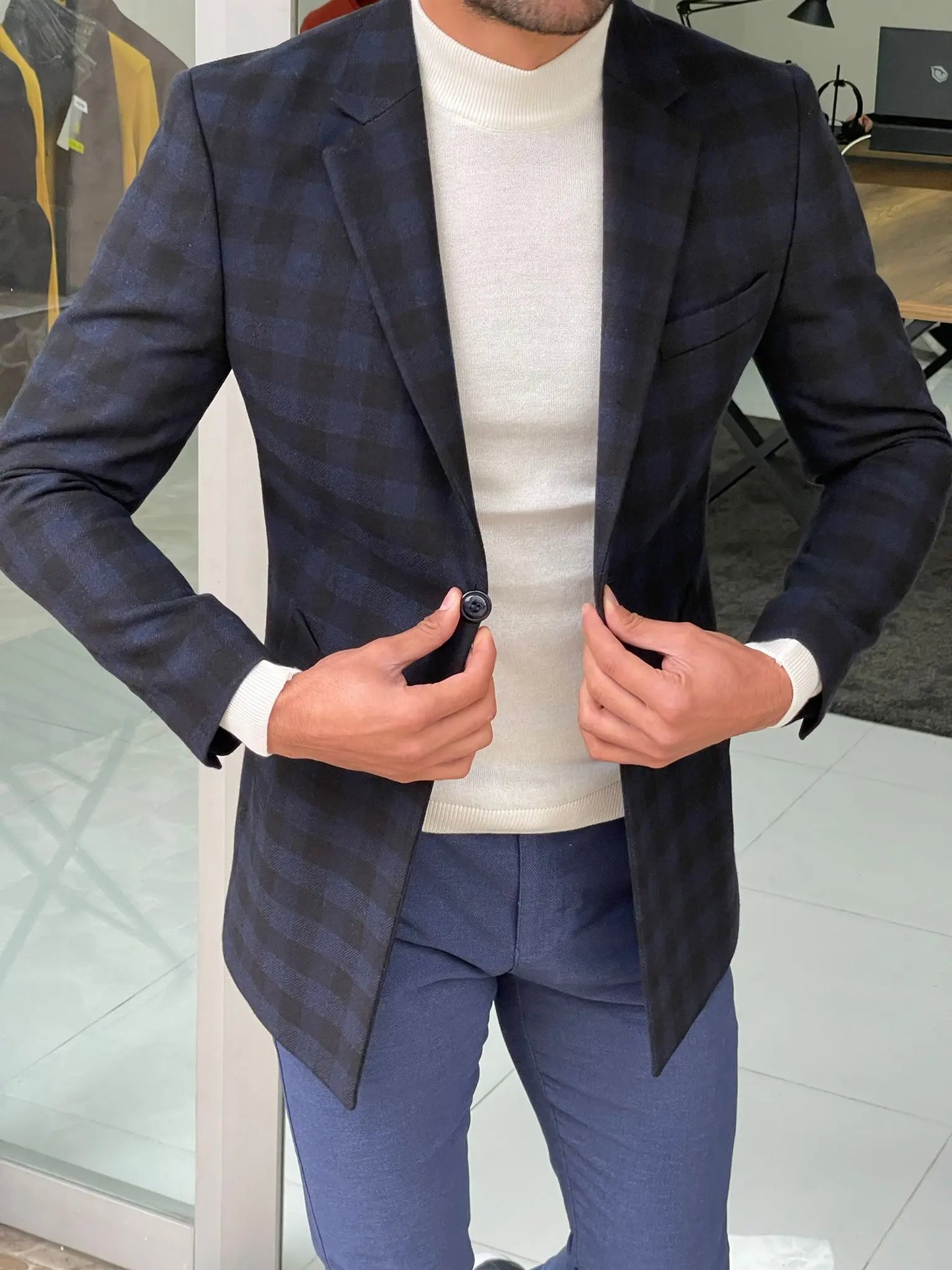 Melbourne Navy Blue Slim Fit Plaid Wool Long Coat - BRABION